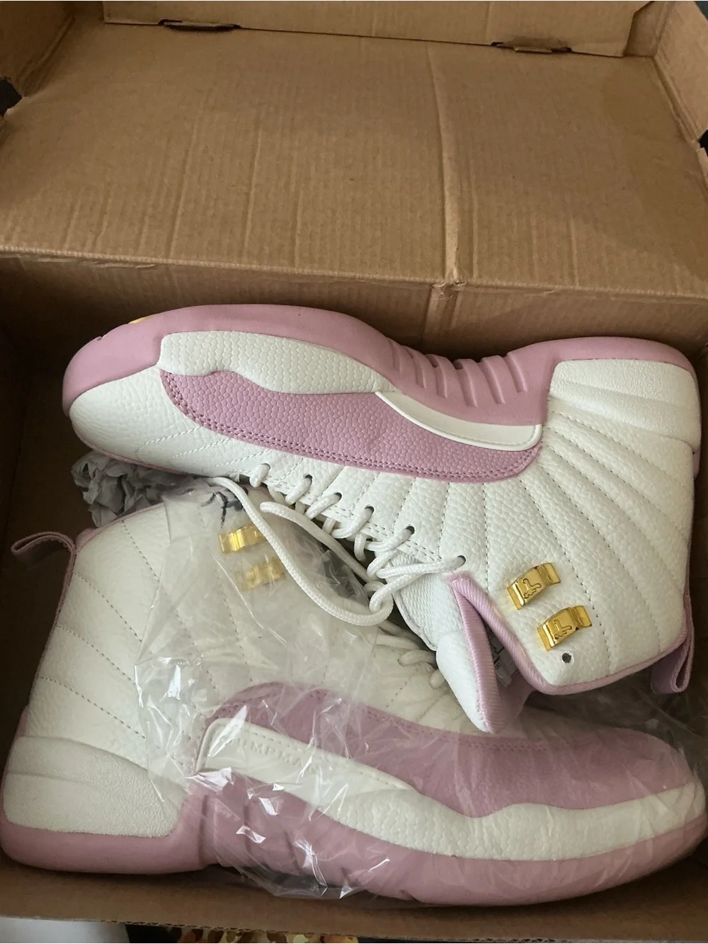 Jordan Women’s High-Top Sneakers in White, Light Pink & Gold